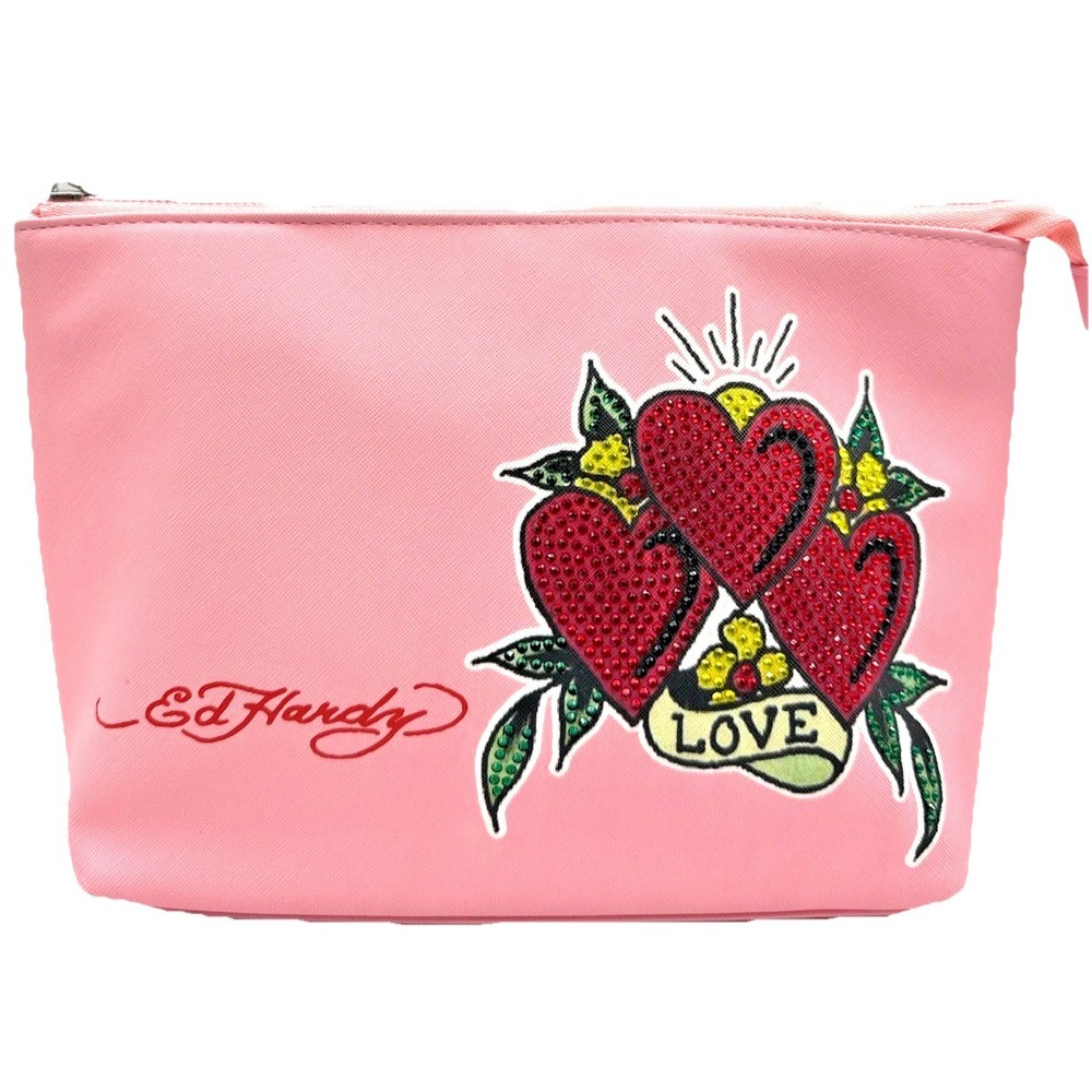ED HARDY Makeup Bag PVC Toiletry Case Zip Rhinestone Heart Tattoo Love Pink NWT